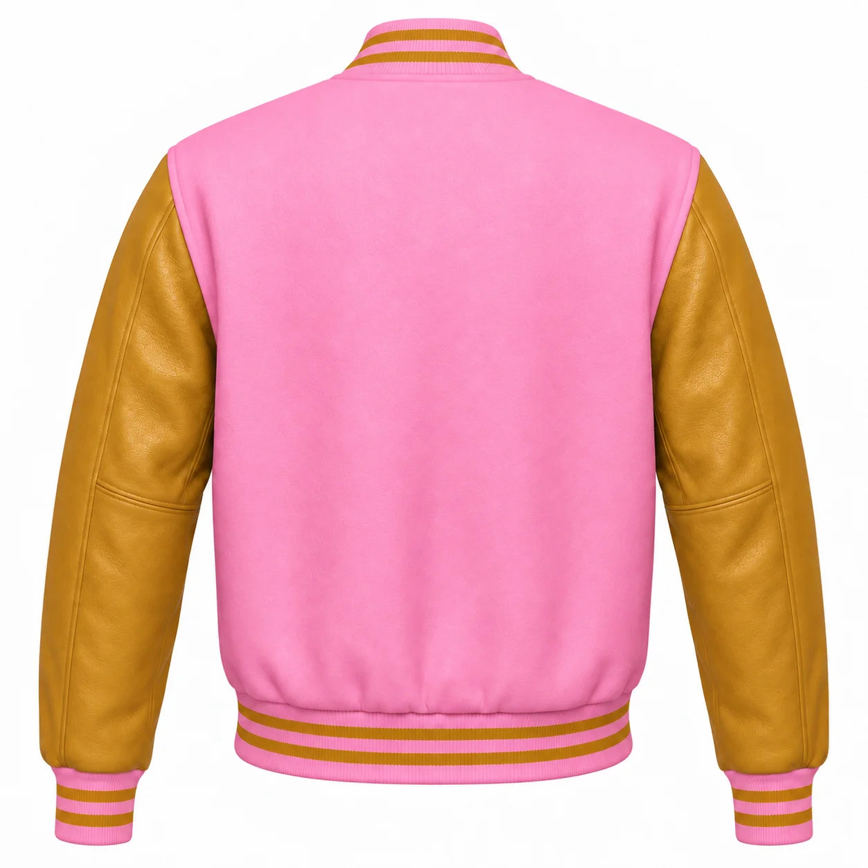 Pink and Gold Varsity Jacket with Wool Body and Leather Sleeves Back Side