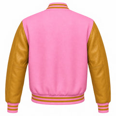 Pink and Gold Varsity Jacket with Wool Body and Leather Sleeves Back Side