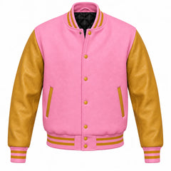 Pink and Gold Varsity Jacket with Wool Body and Leather Sleeves