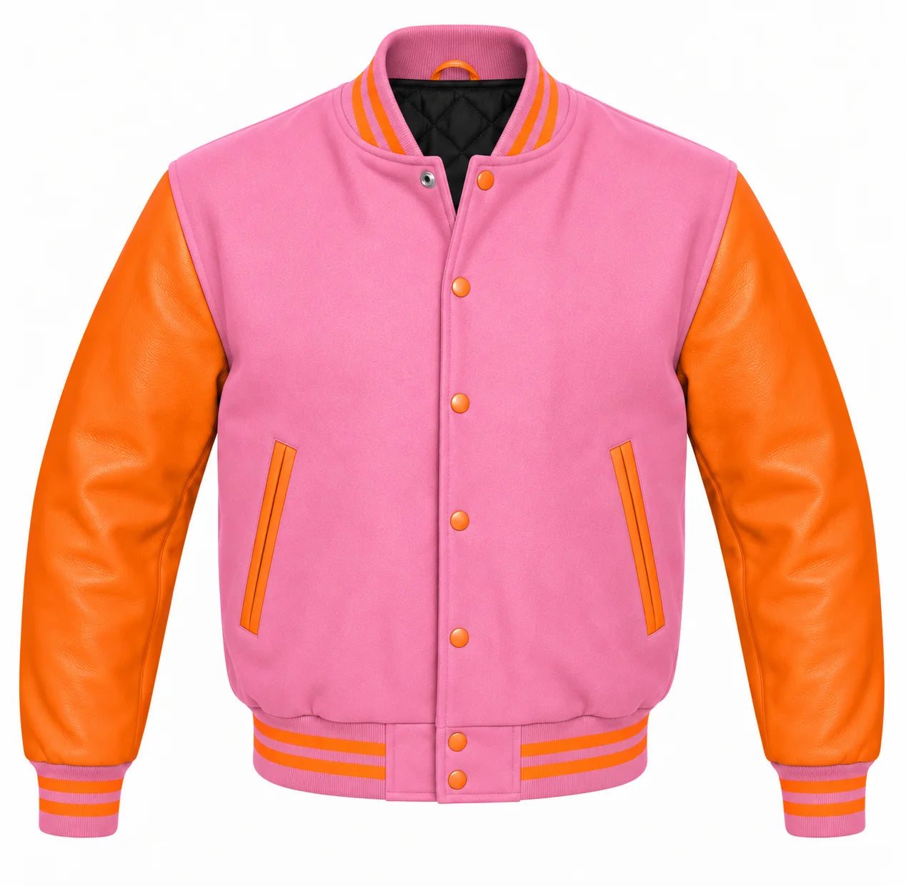 Pink and Orange Varsity Jacket with Wool Body and Leather Sleeves