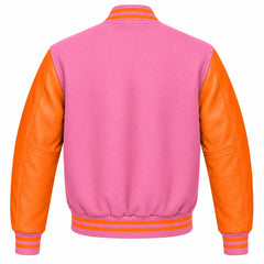 Pink and Orange Varsity Jacket with Wool Body and Leather Sleeves Back View