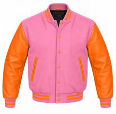 Pink and Orange Varsity Jacket with Wool Body and Leather Sleeves