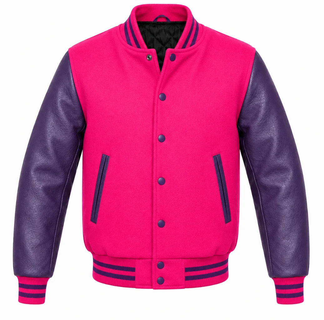 Pink melton wool varsity jacket with purple leather sleeves, front view