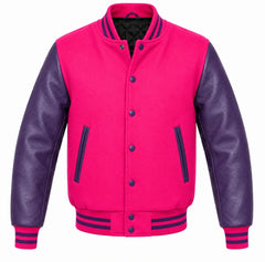 Pink melton wool varsity jacket with purple leather sleeves, front view
