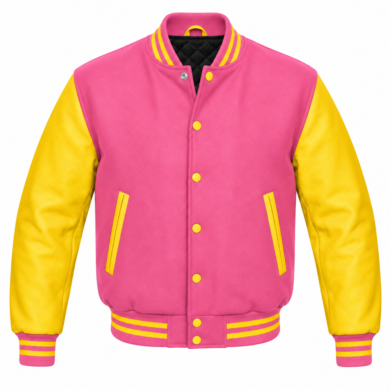 Pink and Yellow Varsity Jacket with Wool Body and Leather Sleeves