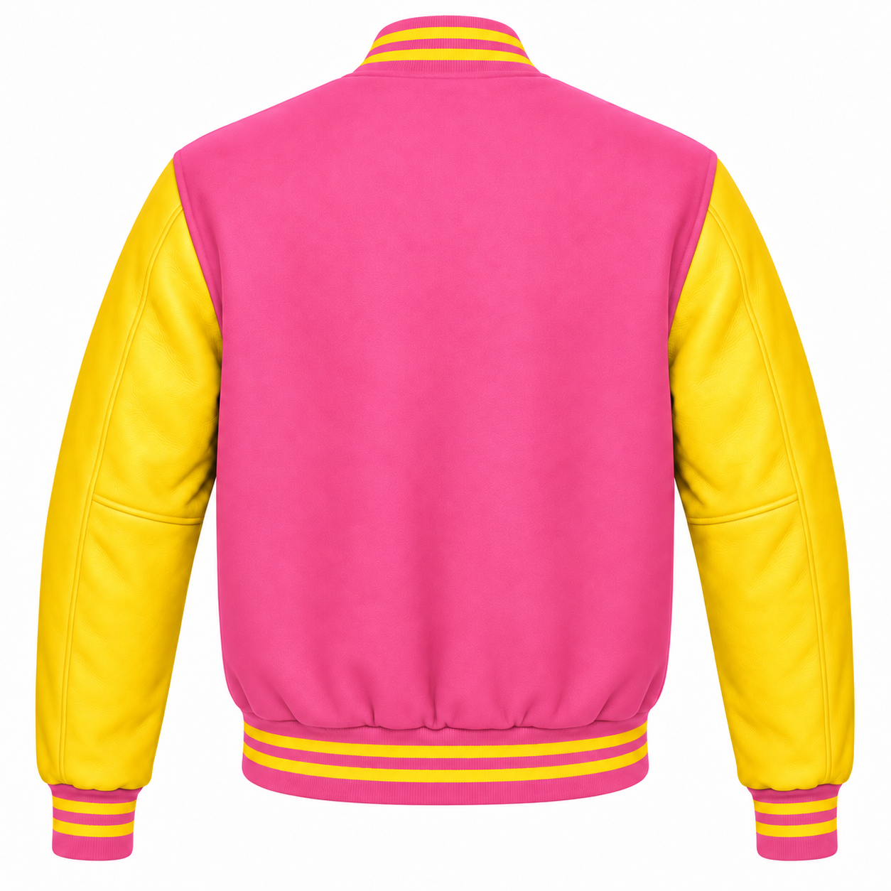 Pink and Yellow Varsity Jacket with Wool Body and Leather Sleeves Back View