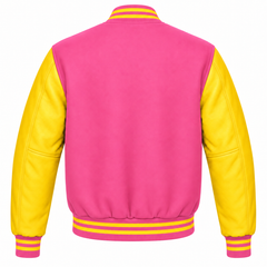 Pink and Yellow Varsity Jacket with Wool Body and Leather Sleeves Back View