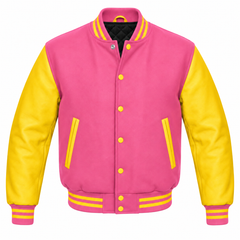 Pink and Yellow Varsity Jacket with Wool Body and Leather Sleeves