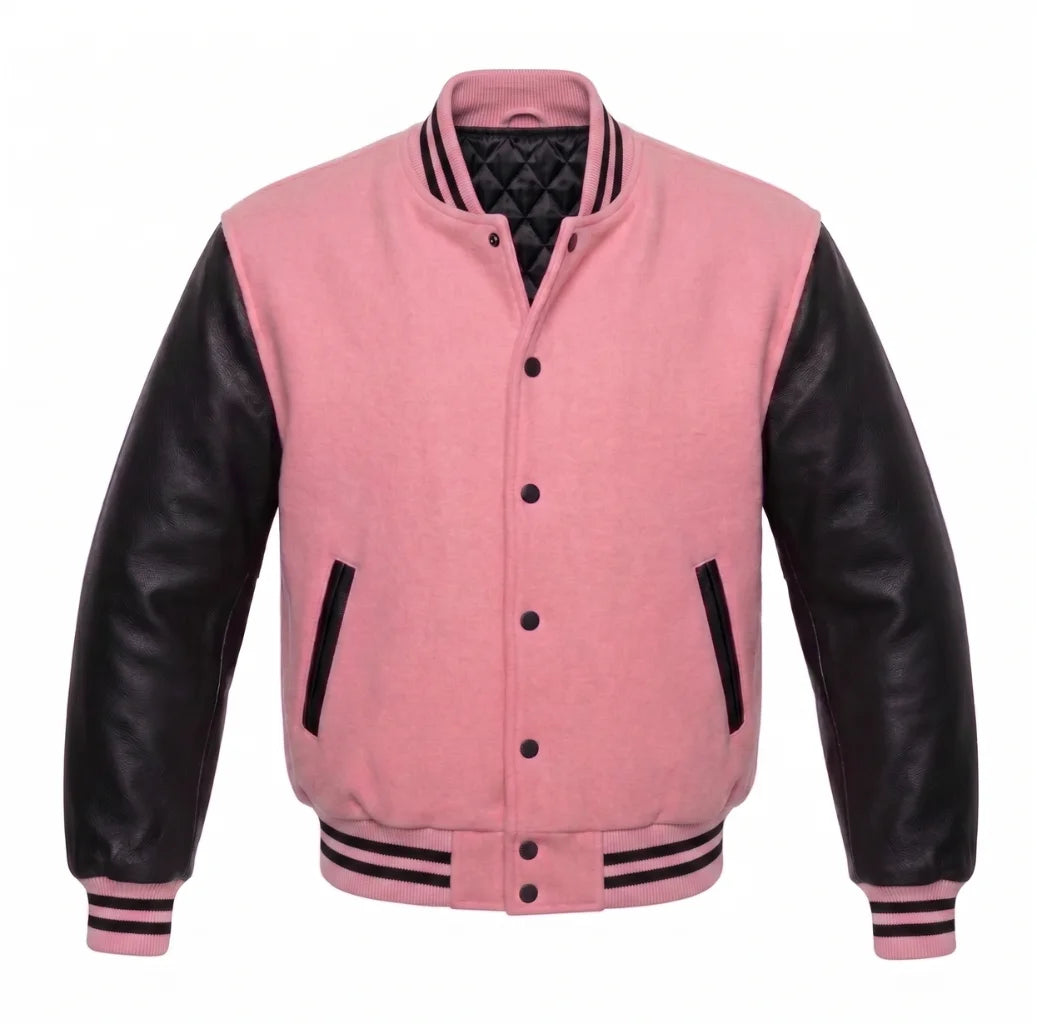 Pink and Black Varsity Jacket with Wool Body and Leather Sleeves
