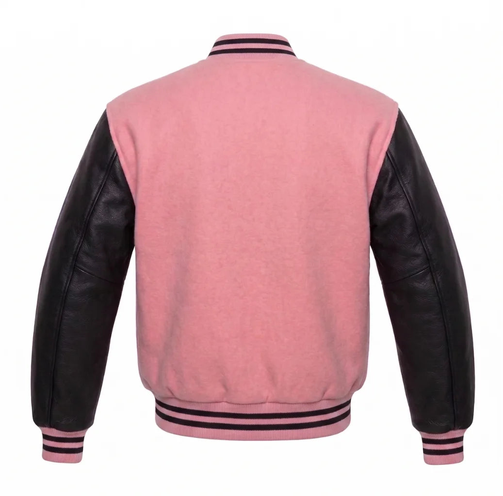 Pink and Black Varsity Jacket with Wool Body and Leather Sleeves Back View