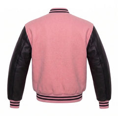 Pink and Black Varsity Jacket with Wool Body and Leather Sleeves Back View