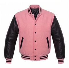 Pink and Black Varsity Jacket with Wool Body and Leather Sleeves