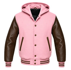Pink and Brown Letterman Jacket with Hood