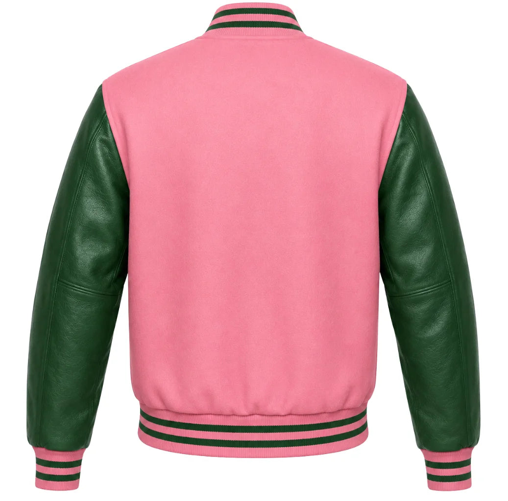 Pink wool varsity jacket with green leather sleeves, back view