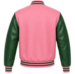 Pink wool varsity jacket with green leather sleeves, back view