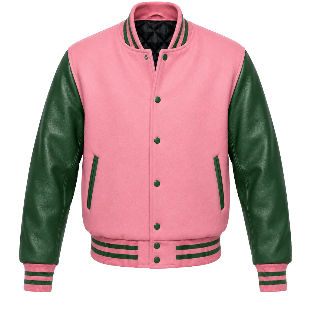 Pink melton wool varsity jacket with green cowhide leather sleeves, front view