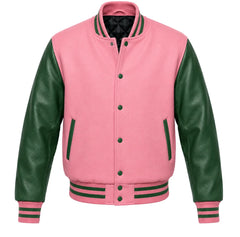 Pink melton wool varsity jacket with green cowhide leather sleeves, front view