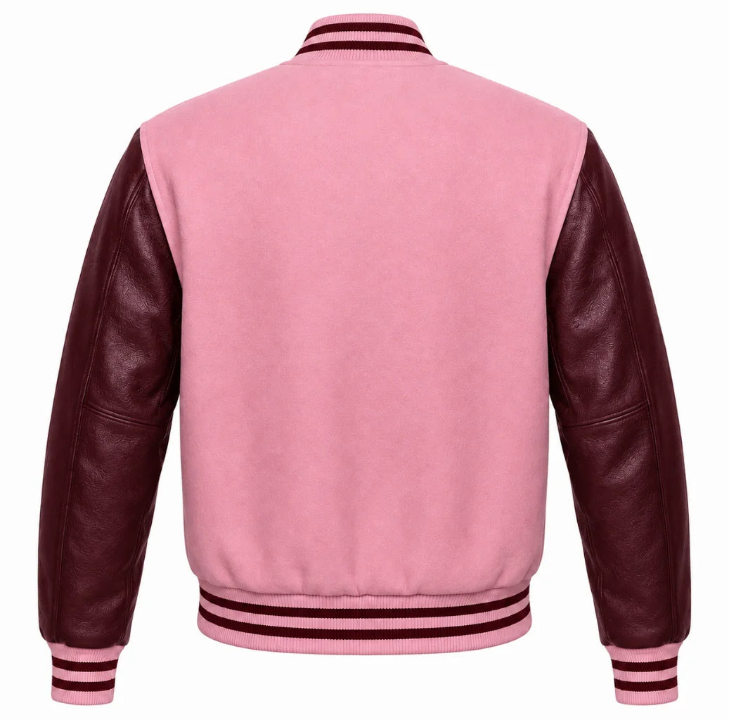 Pink wool varsity jacket with maroon cowhide leather sleeves, back view
