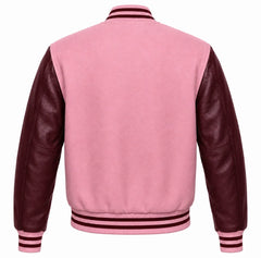 Pink wool varsity jacket with maroon cowhide leather sleeves, back view