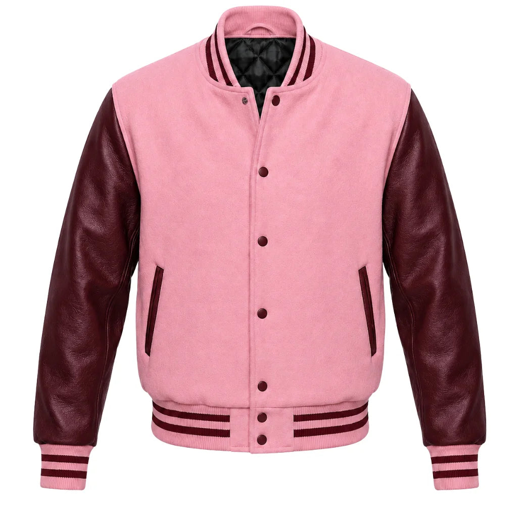 Pink melton wool varsity jacket with maroon leather sleeves, front view