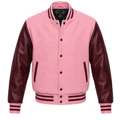 Pink melton wool varsity jacket with maroon leather sleeves, front view