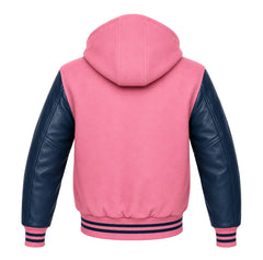 Pink and Navy Blue Hooded Varsity Jacket