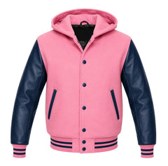 Pink and Navy Blue Hooded Varsity Jacket