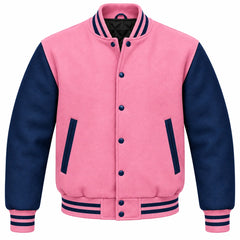 Pink and Navy Blue Wool Varsity Jacket