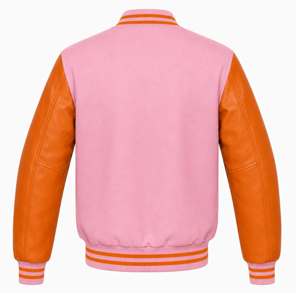 Pink wool letterman jacket with orange leather sleeves, back view