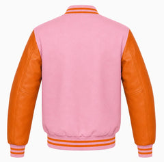 Pink wool letterman jacket with orange leather sleeves, back view