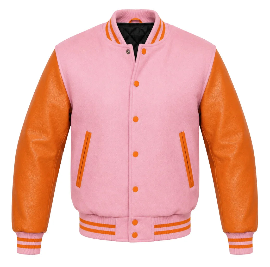 Pink melton wool letterman jacket with orange cowhide leather sleeves, front view
