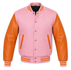 Pink melton wool letterman jacket with orange cowhide leather sleeves, front view