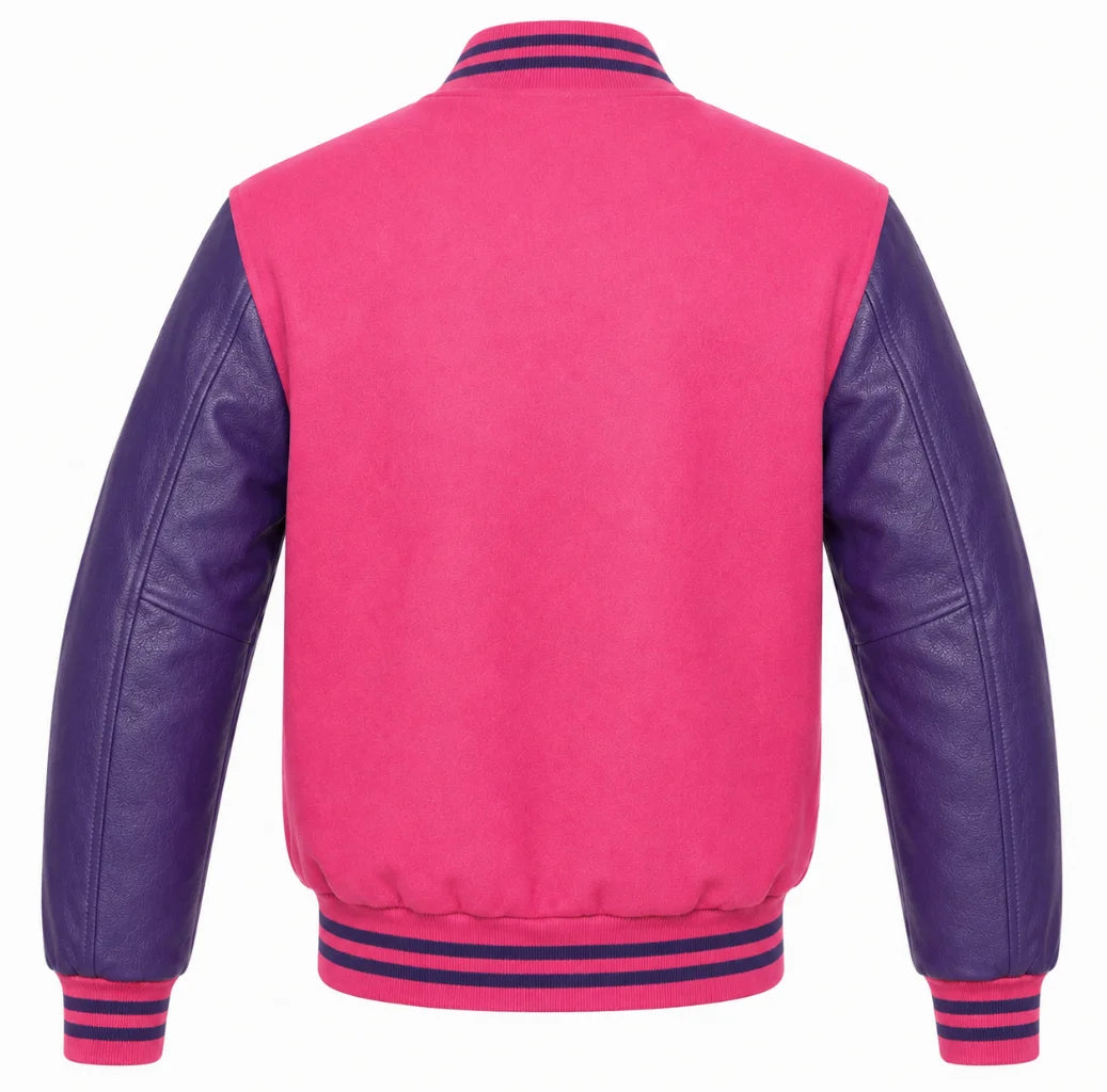 Pink wool varsity jacket with purple cowhide sleeves, back view