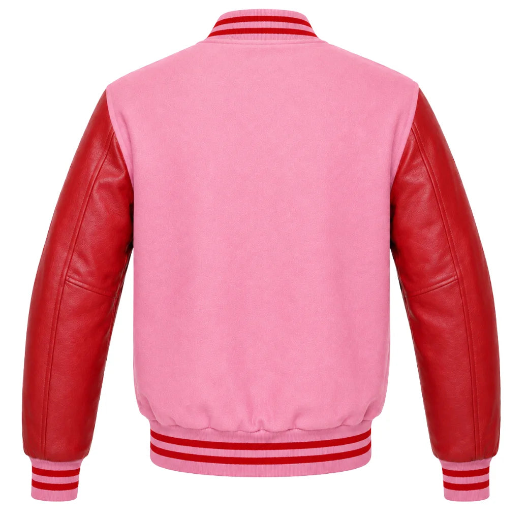 Pink wool varsity jacket with red leather sleeves, back view