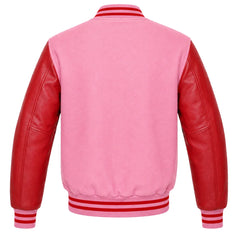 Pink wool varsity jacket with red leather sleeves, back view