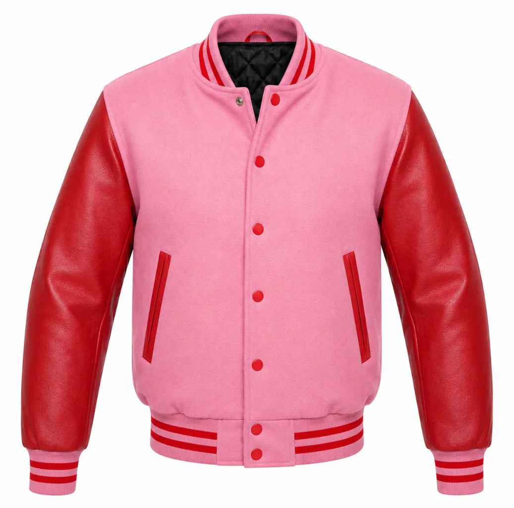 Pink melton wool varsity jacket with red cowhide leather sleeves, front view