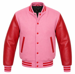 Pink melton wool varsity jacket with red cowhide leather sleeves, front view