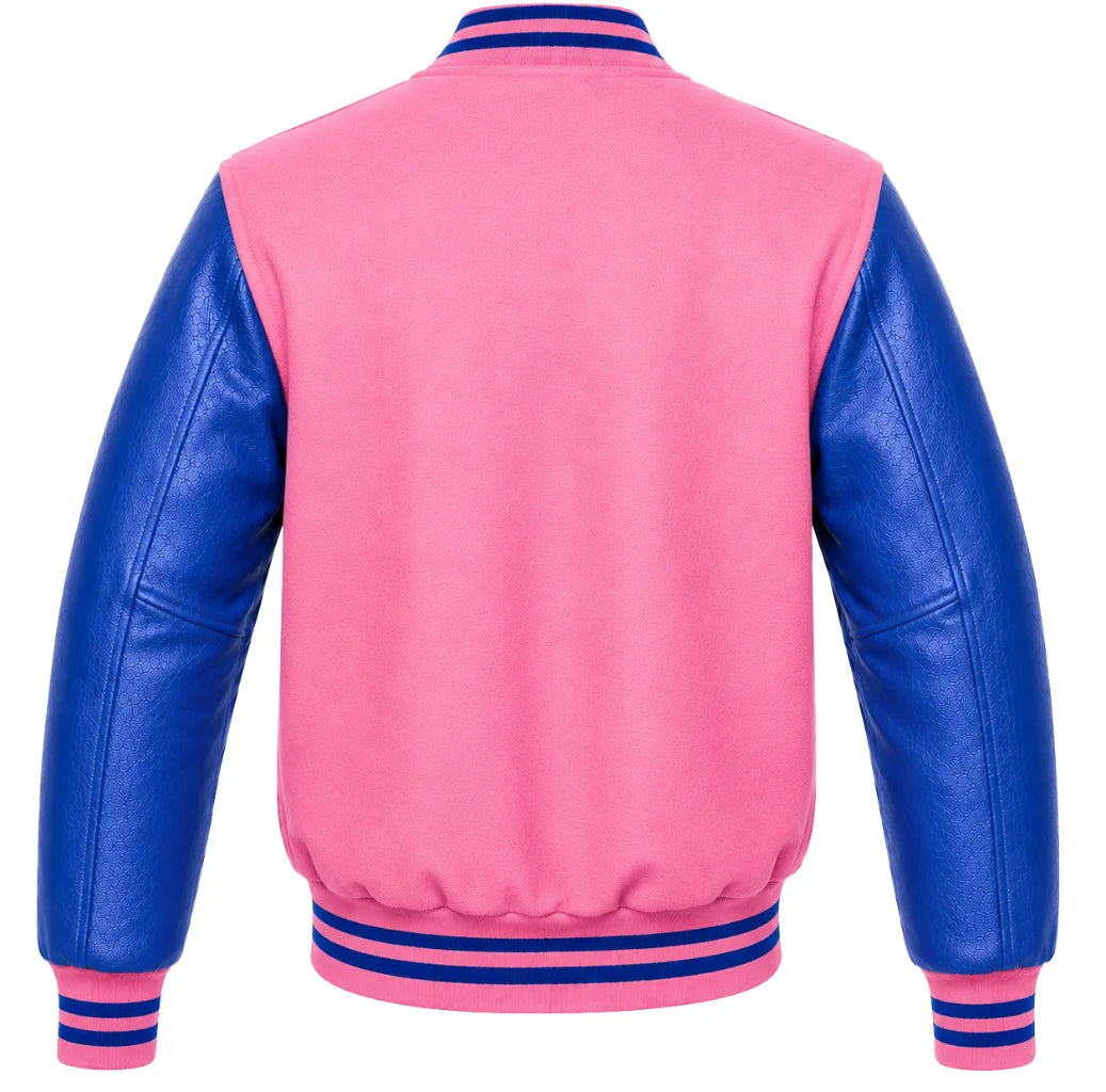 Pink wool varsity jacket, royal blue cowhide sleeves, back view