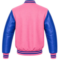 Pink wool varsity jacket, royal blue cowhide sleeves, back view