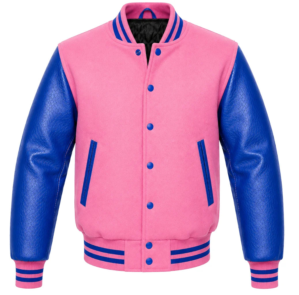 Pink melton wool varsity jacket with royal blue leather sleeves, front view