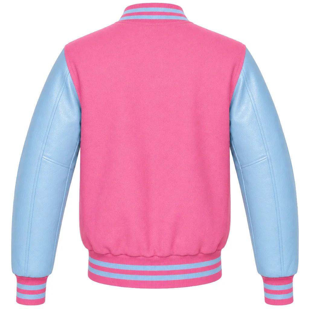 Pink wool varsity jacket with sky blue leather sleeves, back view