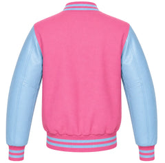 Pink wool varsity jacket with sky blue leather sleeves, back view