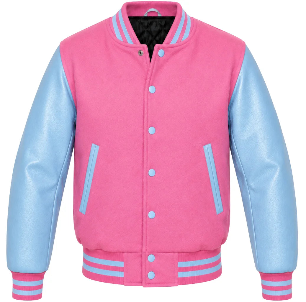 Pink melton wool varsity jacket with sky blue cowhide leather sleeves, front view