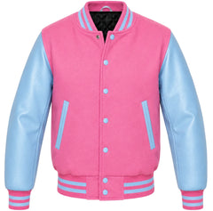 Pink melton wool varsity jacket with sky blue cowhide leather sleeves, front view