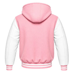 Pink and White Letterman Jacket with Hood