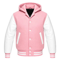 Pink and White Letterman Jacket with Hood