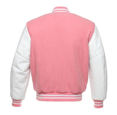 Pink and White Varsity Jacket with Wool Body and Leather Sleeves Back View