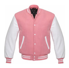 Pink and White Varsity Jacket with Wool Body and Leather Sleeves