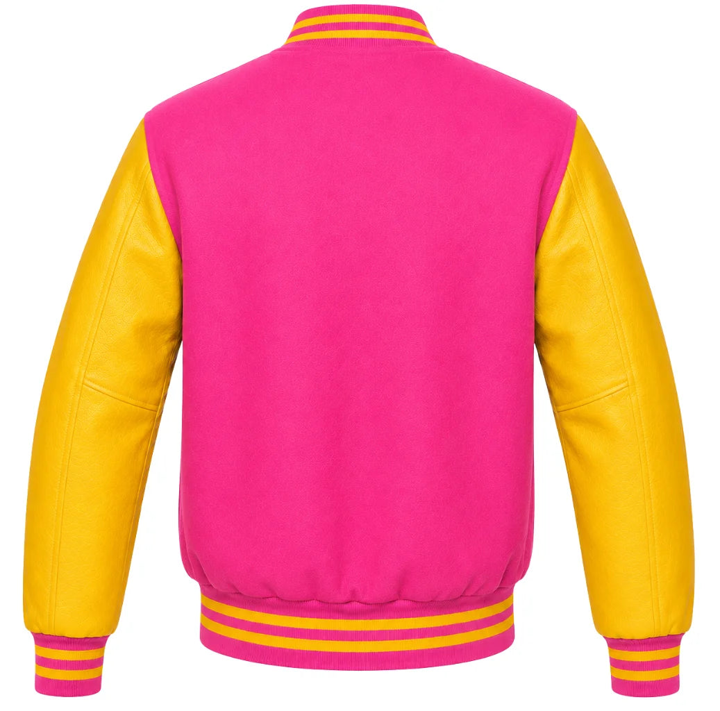 Pink wool varsity jacket with yellow cowhide sleeves, back view