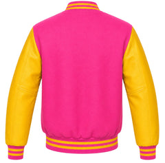 Pink wool varsity jacket with yellow cowhide sleeves, back view
